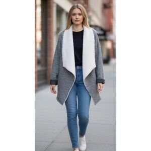 AVON Gray Sherpa Trim Shawl Collar Fleece Cardigan Jacket Ladies L 12 14